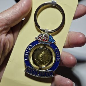 Lucky 5p Gibraltar Gold Tone Coin Silver Tone Spinner Key Ring Keychain